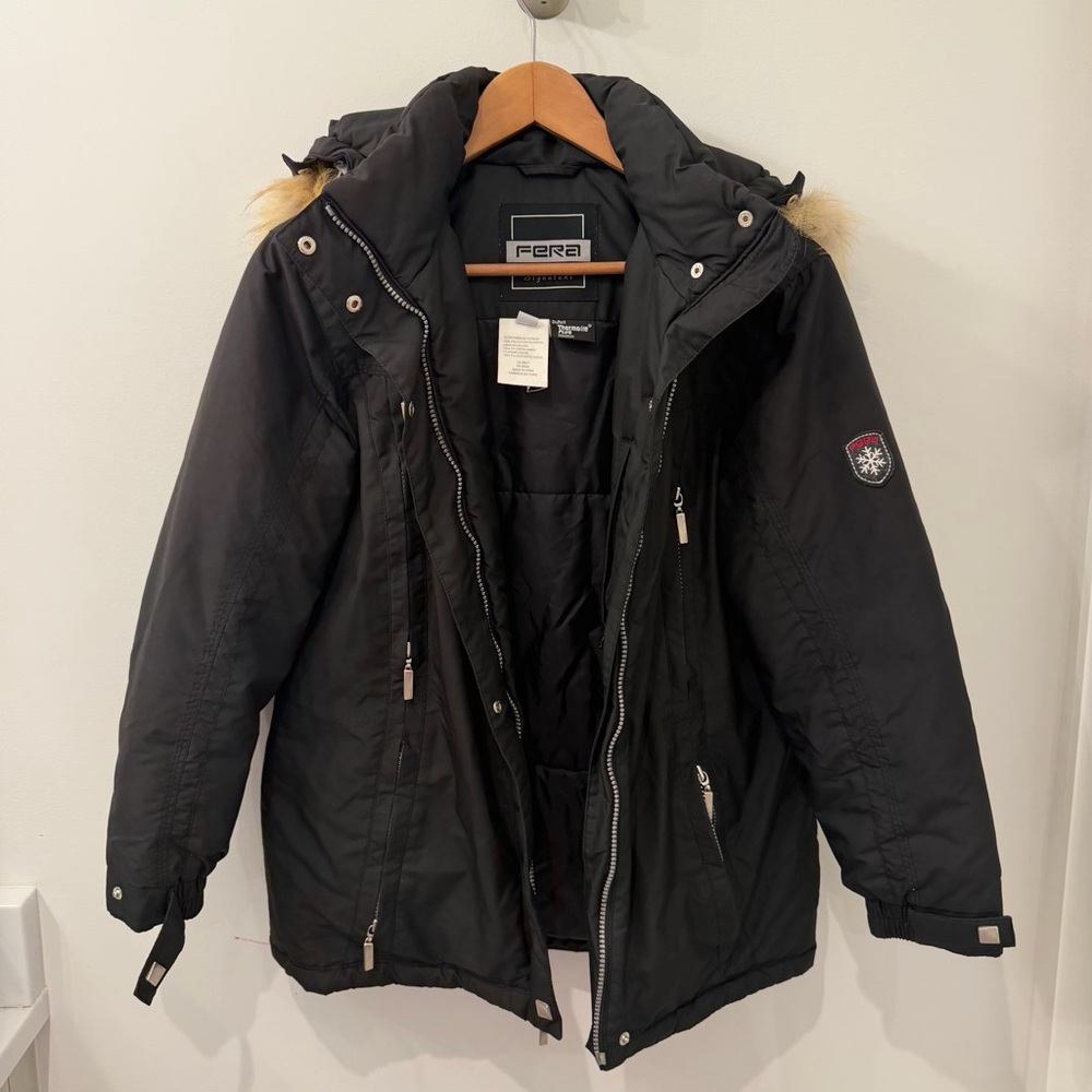 Women’s Black Fera Ski Parker Puffer Jacket w/ Removable Fur Trim Hood Size 6